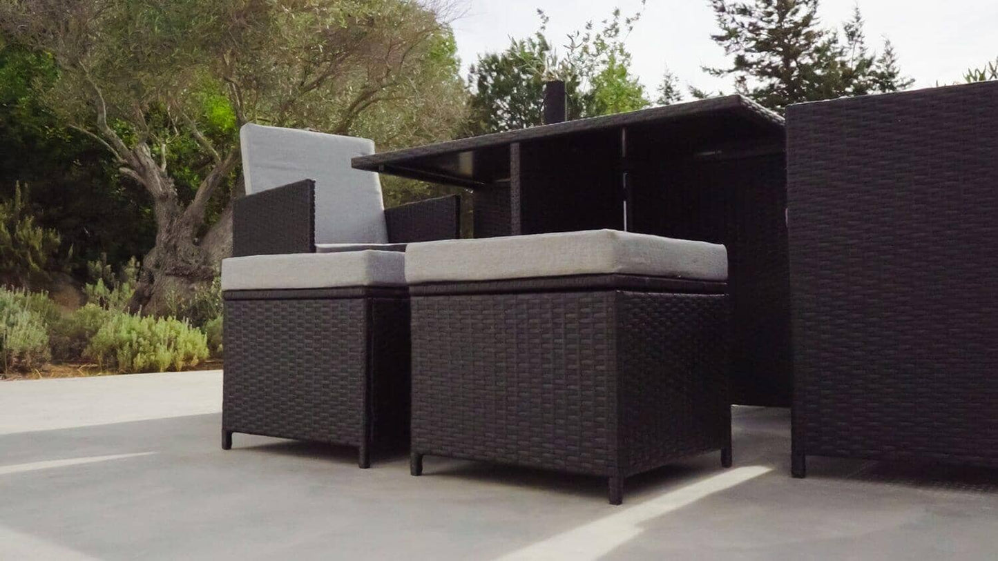 10 Seater Rattan Cube Outdoor Dining Set with Grey LED Premium Parasol  - Black Weave