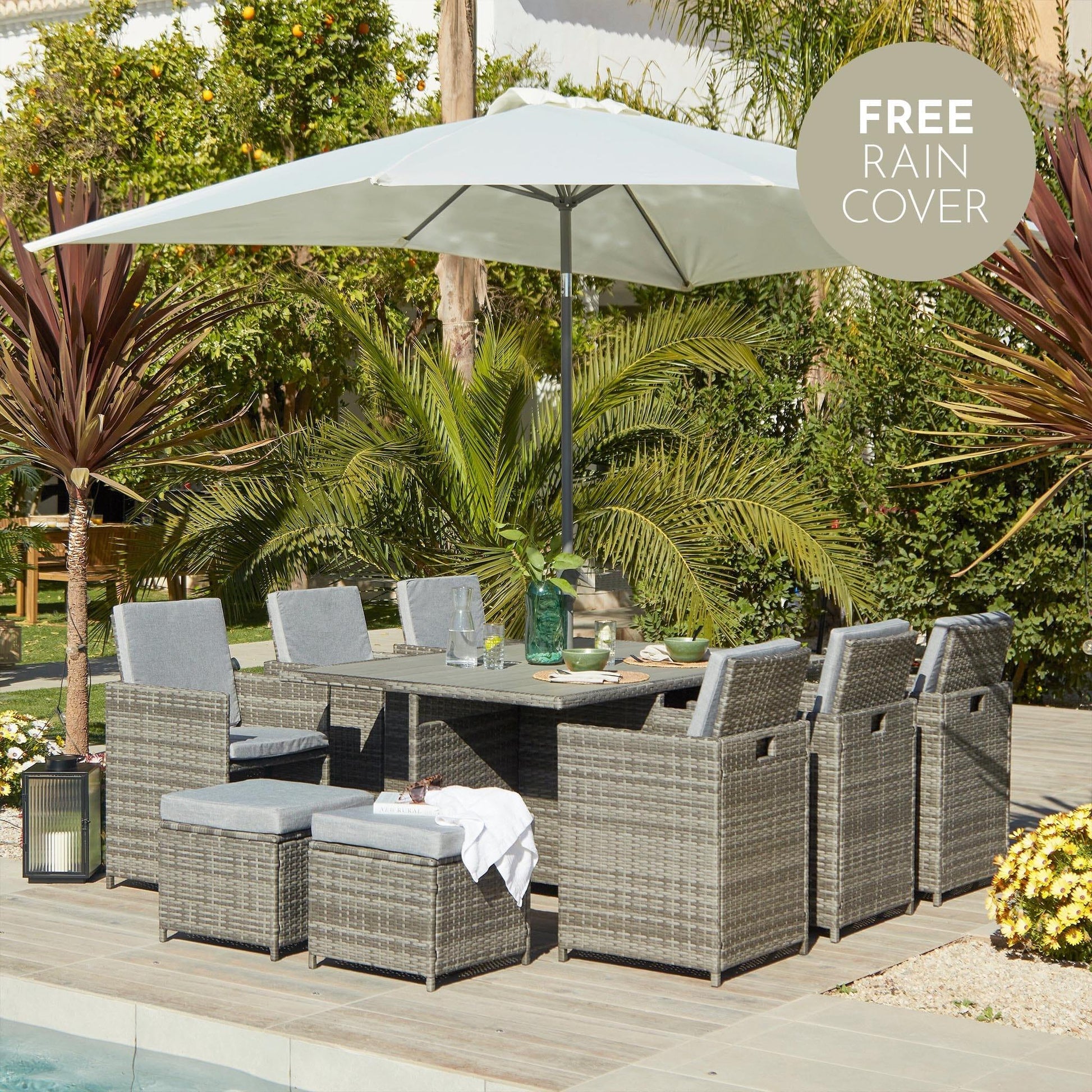 10 Seater Rattan Cube Outdoor Dining Set with Cream Parasol - Grey Weave Polywood Top