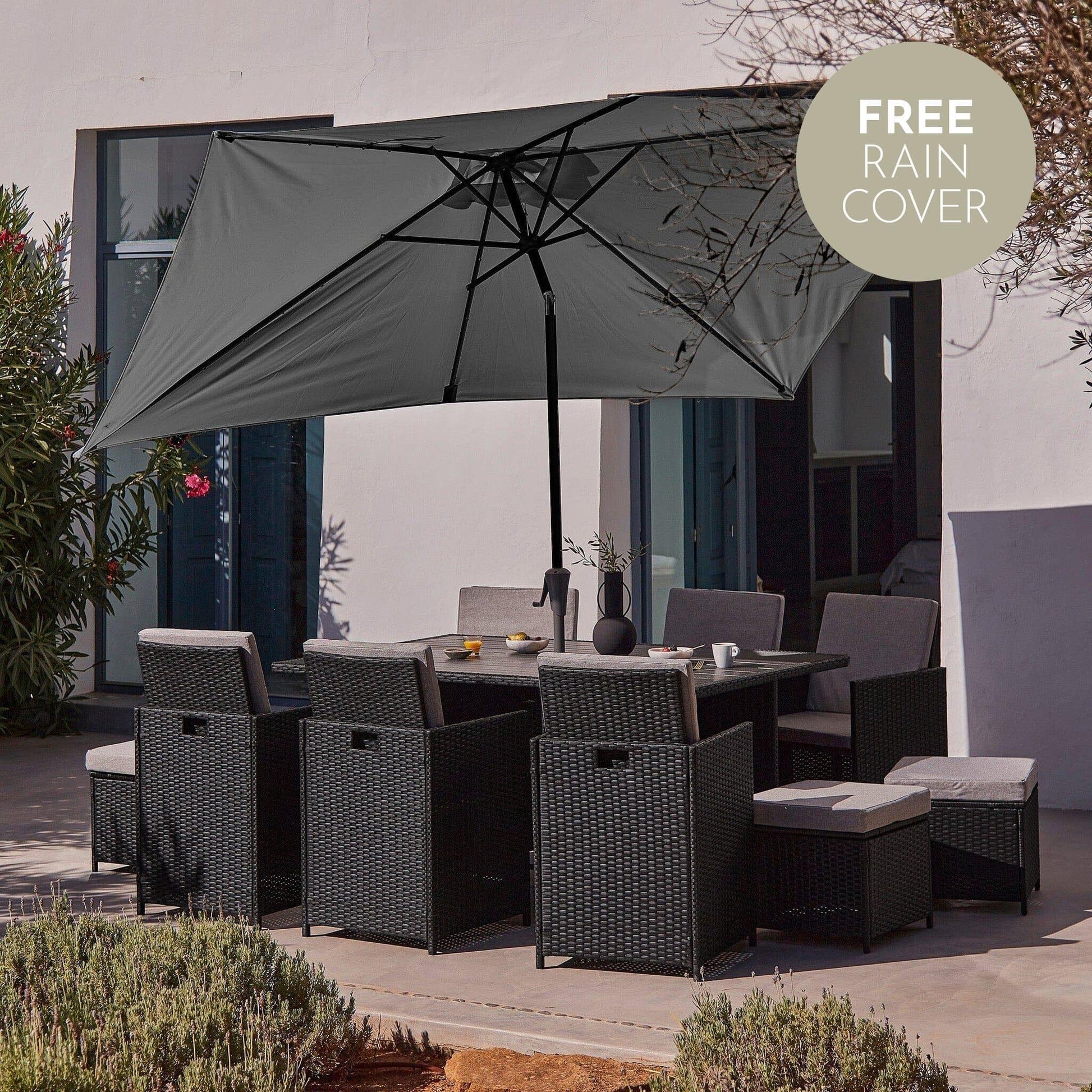 10 Seater Rattan Cube Outdoor Dining Set with Grey LED Premium Parasol - Black Weave Polywood Top