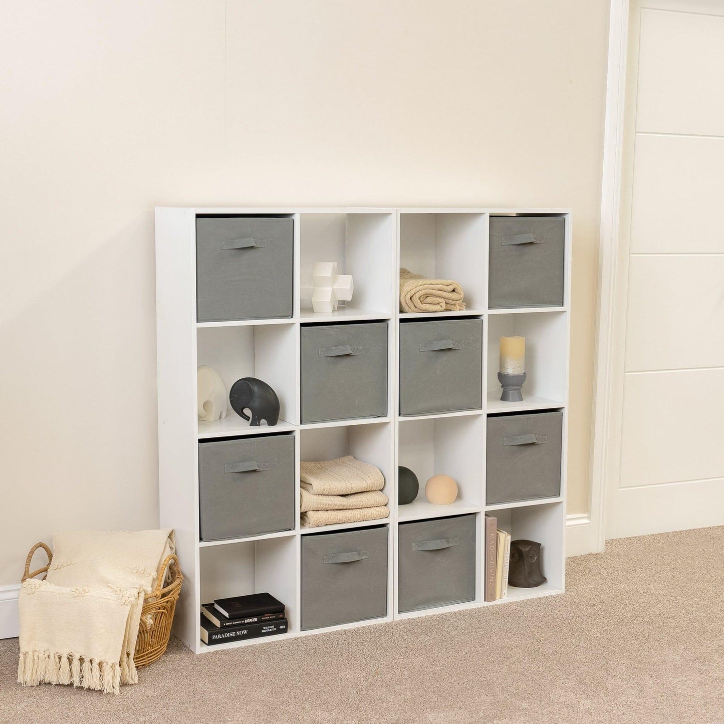 16 Cube Storage Unit - White - Two 8x2 Units (Grey Basket) - Laura James