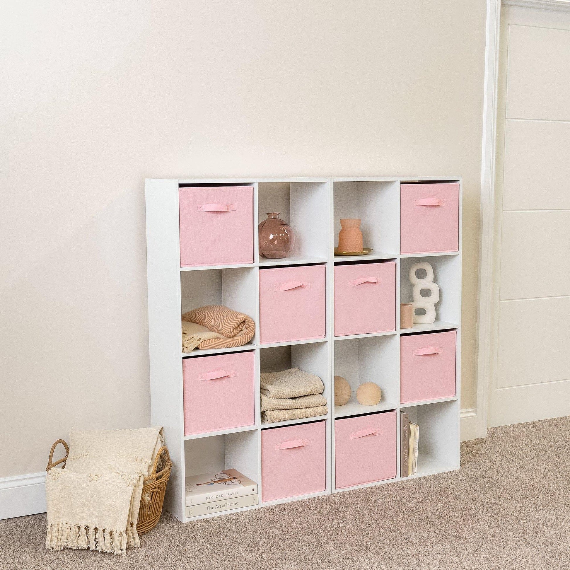 16 Cube Storage Unit - White - Two 8x2 Units (Pink Basket) - Laura James