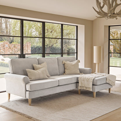 Annabelle corner sofa with chaise Cloud Grey with Pale Oak Legs - Laura James