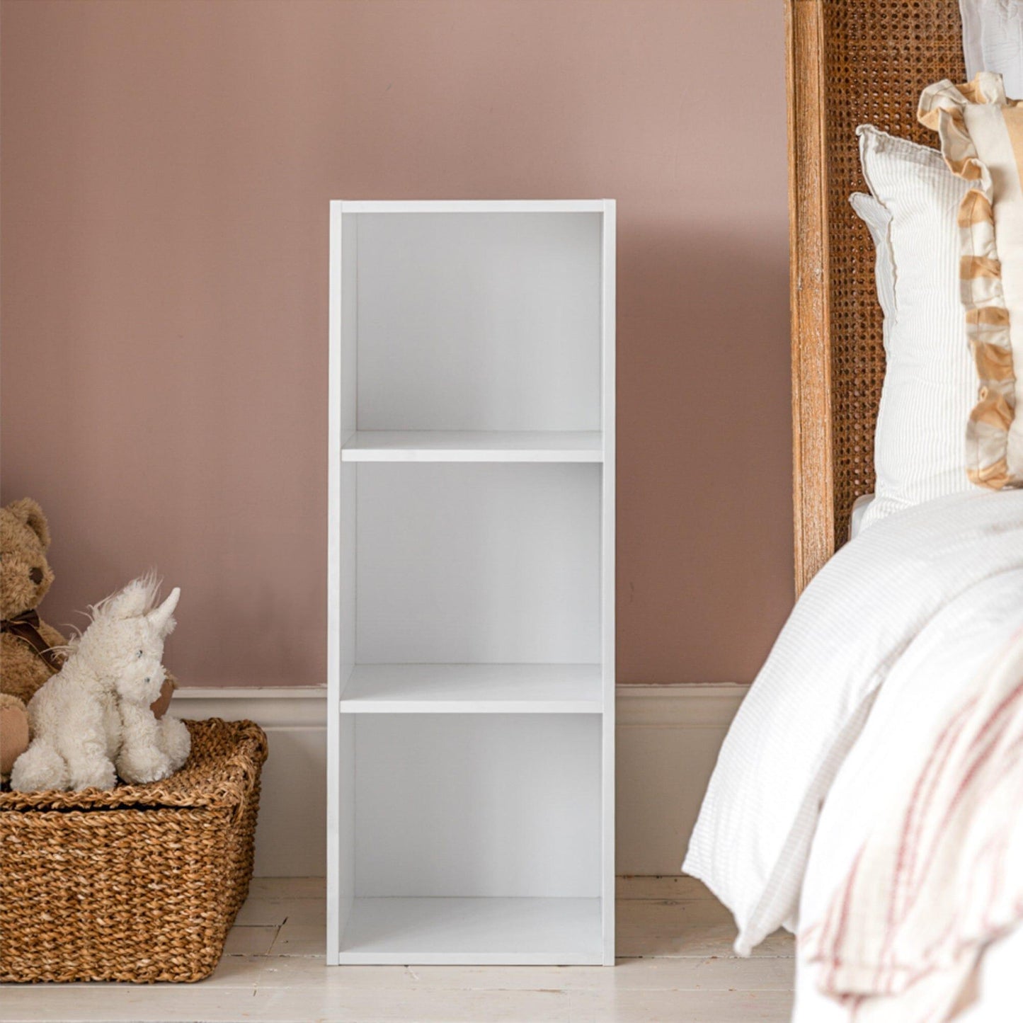 3 Tier White Bookcase Wooden Display Shelving Unit with storage box (No Basket)