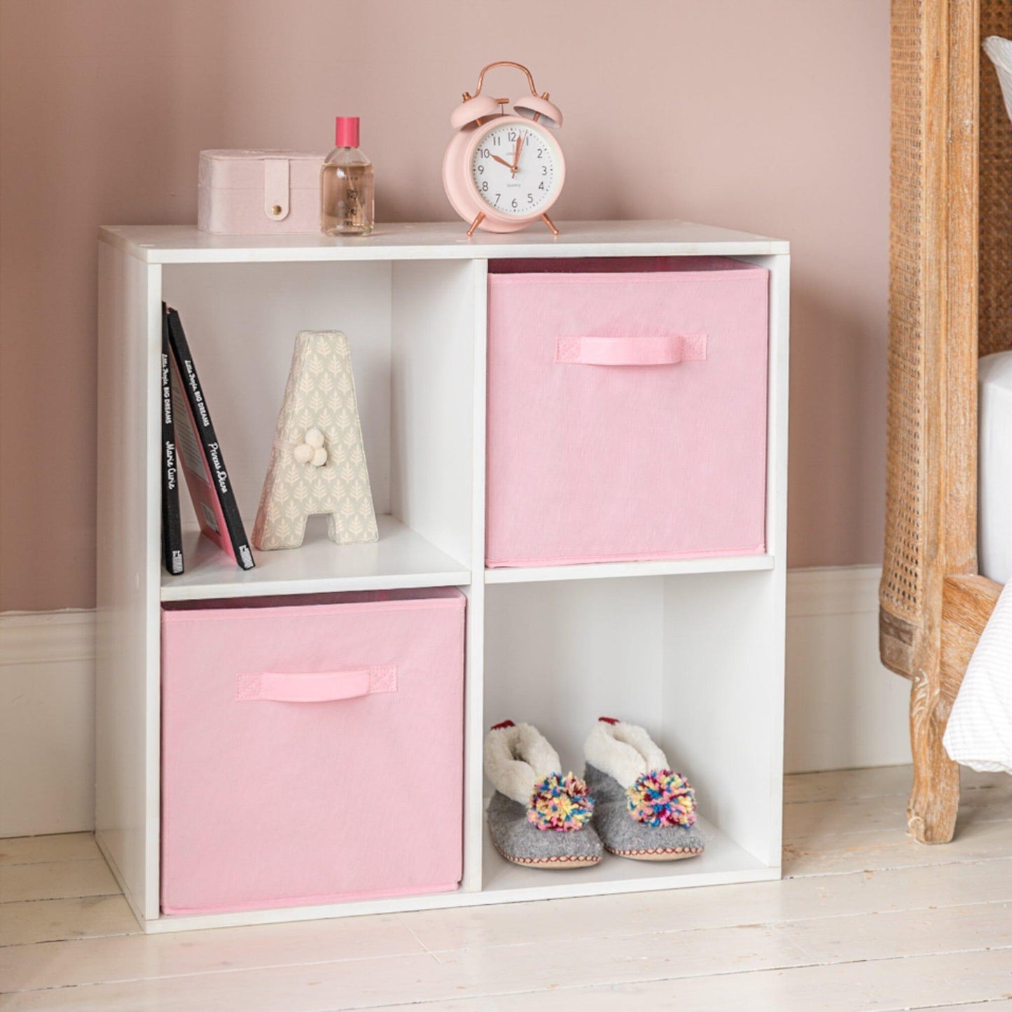 4 Cube White Bookcase Wooden Display Unit Shelving Storage Bookshelf Shelves (Pink Basket) - Laura James