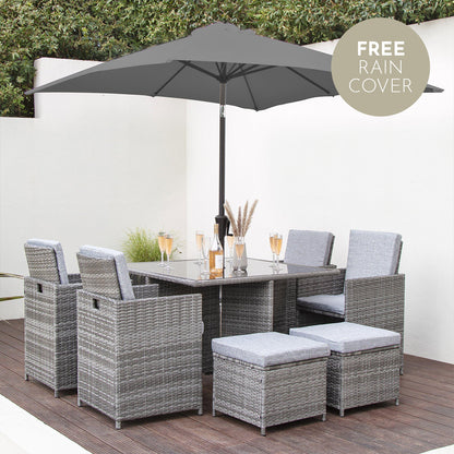 8 Seater Rattan Cube Outdoor Dining Set with Grey LED Premium Parasol - Grey Weave