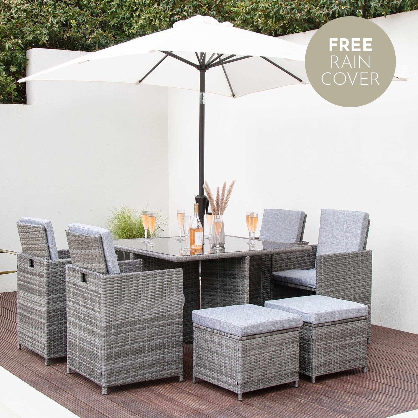 8 Seat Rattan Cube Outdoor Dining Set with LED Premium Parasol and Parasol Rain Cover - Grey Weave - Laura James
