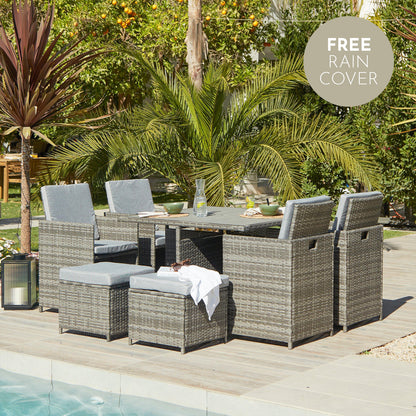 8 Seater Rattan Cube Outdoor Dining Set - Grey Weave Polywood Top