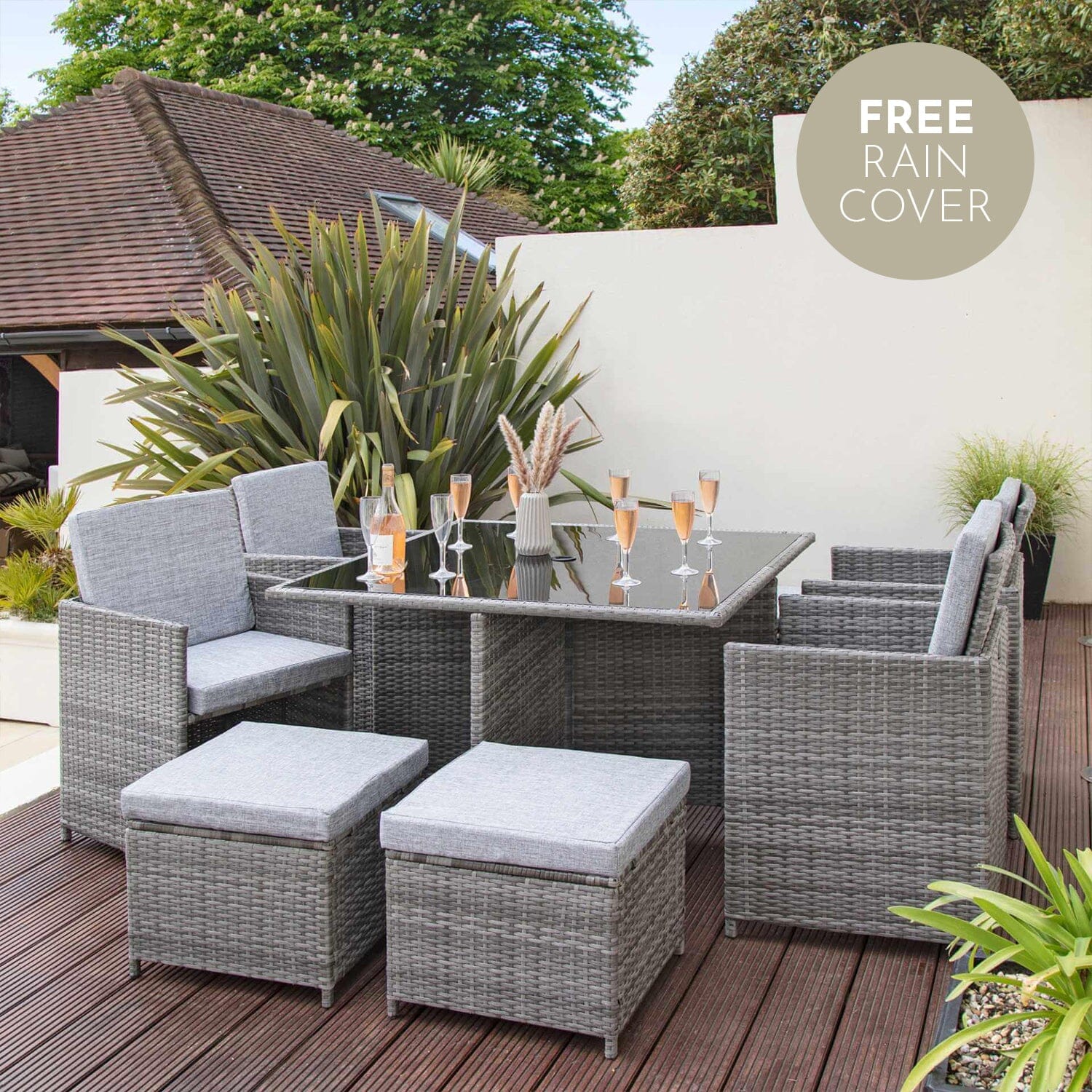 8 Seater Rattan Cube Outdoor Dining Set Grey Weave with Grey Cushion Laura James