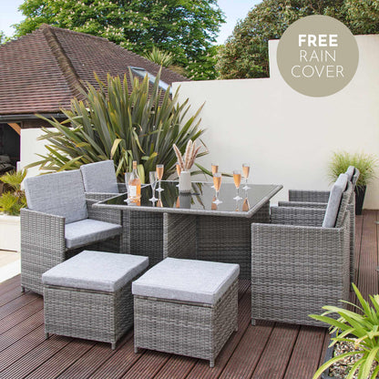 8 Seater Rattan Cube Outdoor Dining Set - Grey Weave with Grey Cushions