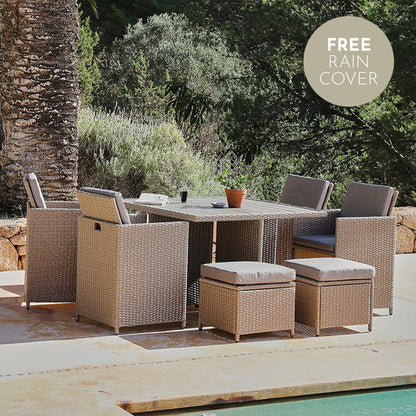 8 Seater Rattan Cube Outdoor Dining Set -  Natural Brown Weave Polywood Top