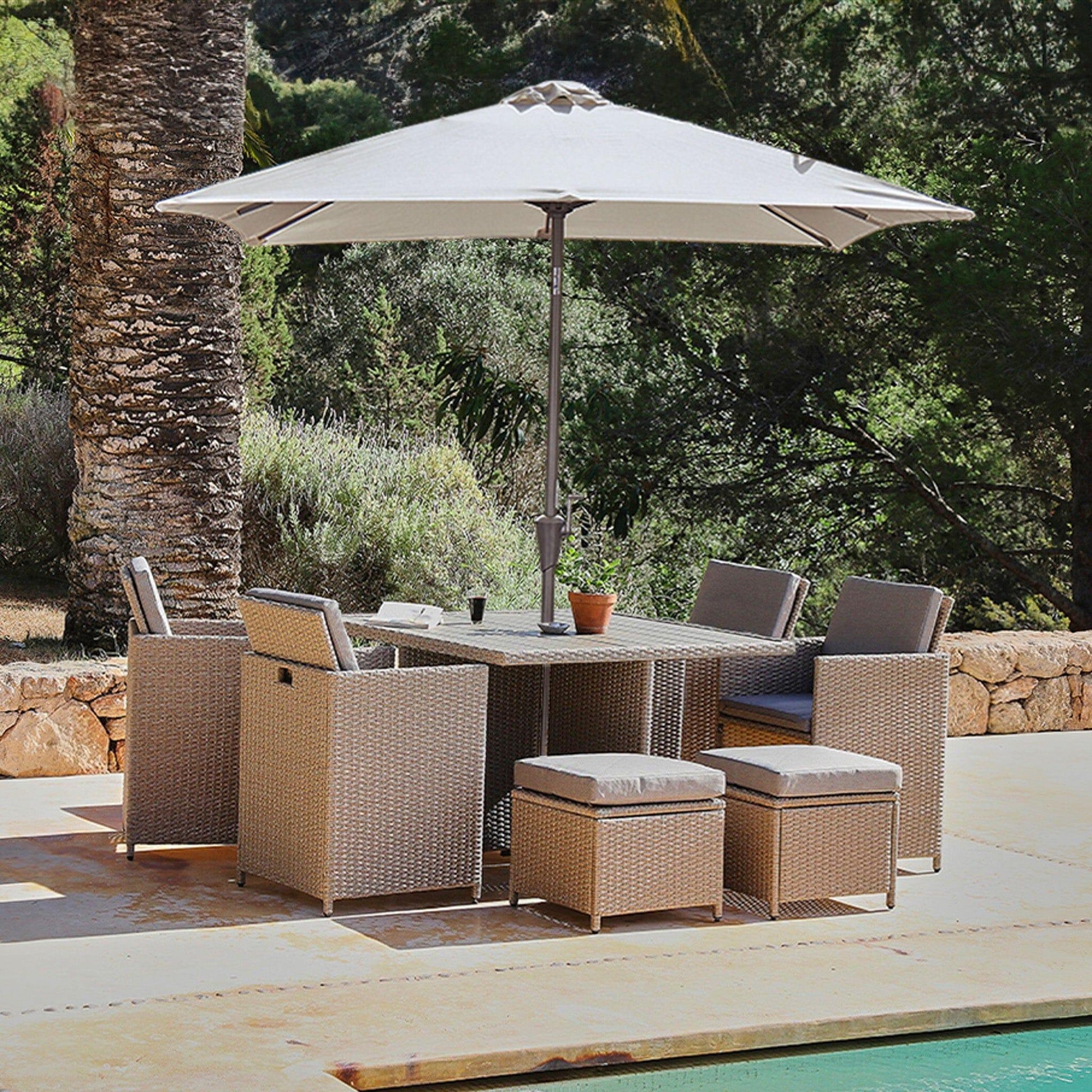 8 Seater Rattan Cube Outdoor Dining Set with Cream parasol- Natural Brown Weave Polywood Top - Laura James