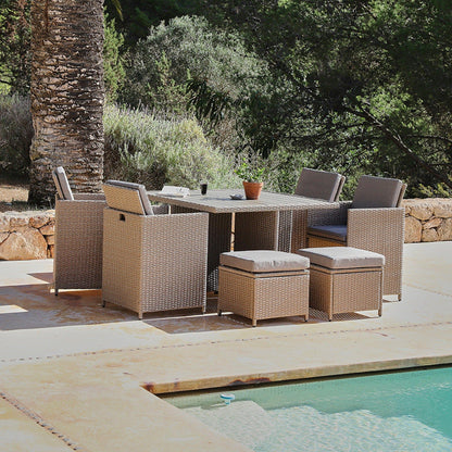 8 Seater Rattan Cube Outdoor Dining Set with Cream parasol- Natural Brown Weave Polywood Top - Laura James