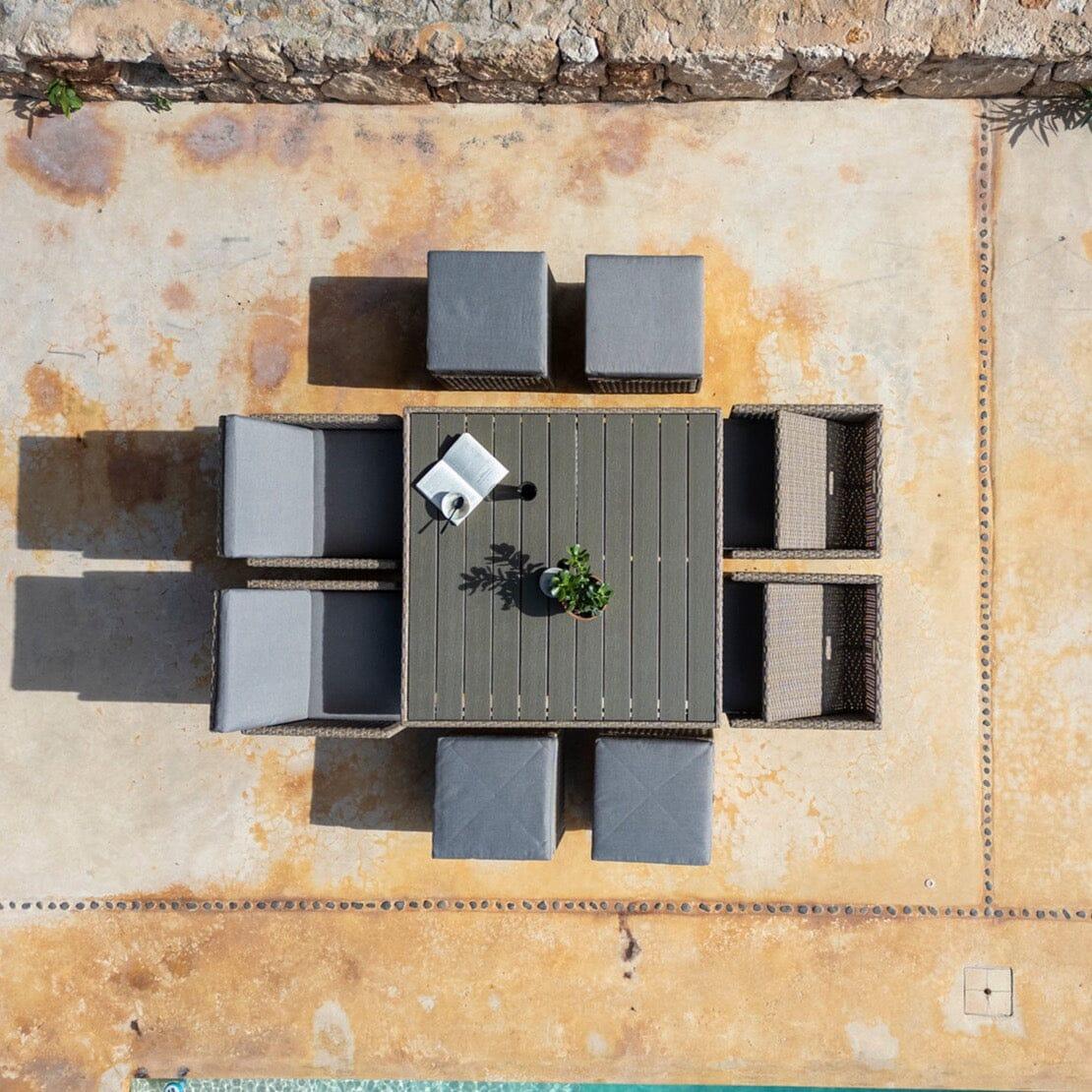 8 Seater Rattan Cube Outdoor Dining Set With Grey Parasol - Natural Brown Weave Polywood Top - Laura James