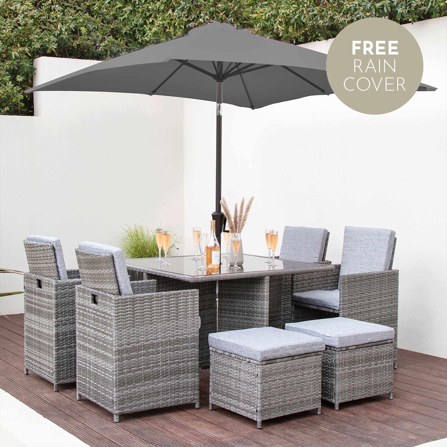 8 Seat Rattan Cube Outdoor Dining Set with LED Premium Parasol - Grey Weave with Grey Custion