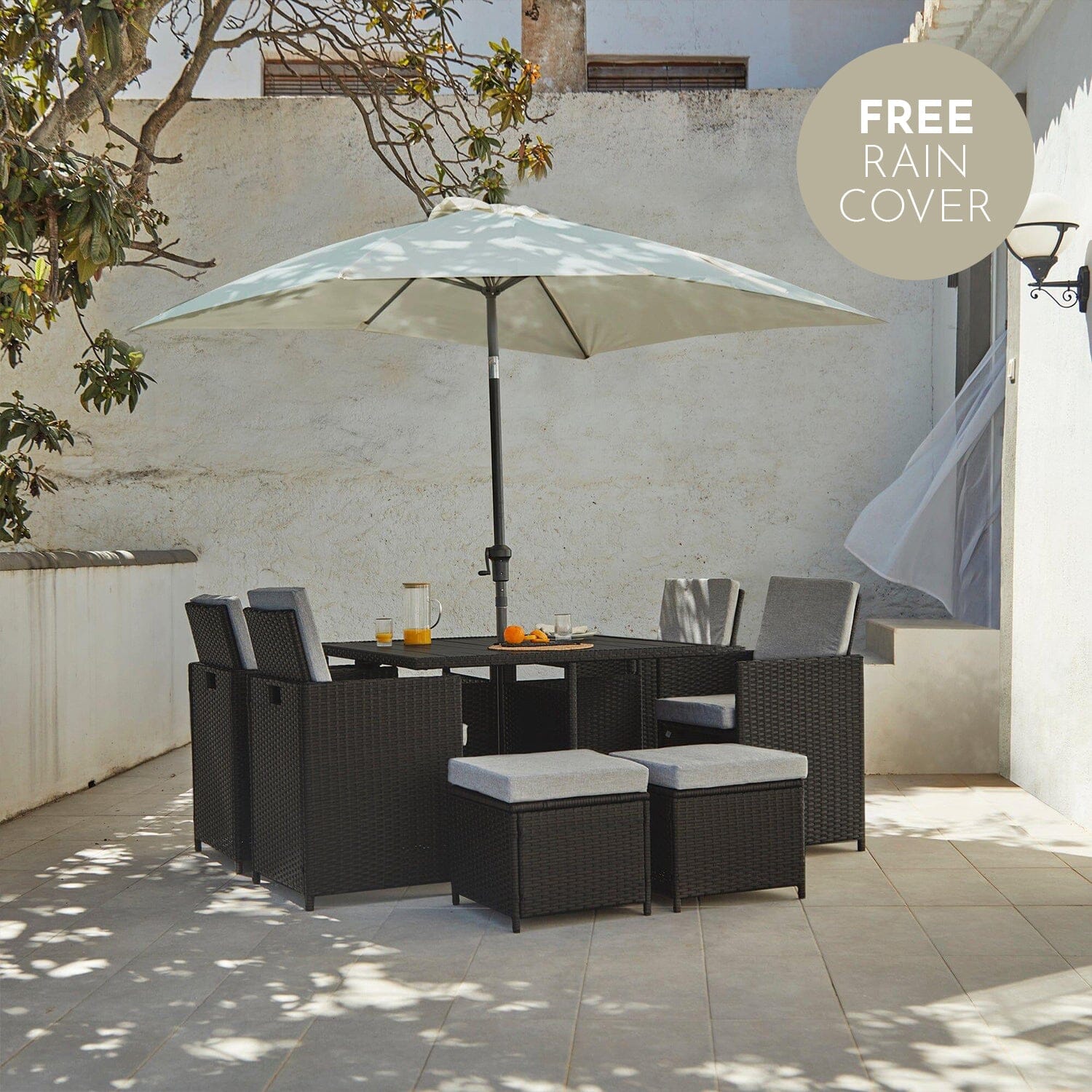 8 Seater Rattan Cube Outdoor Dining Set with Cream Parasol - Black Weave Polywood Top - Laura James