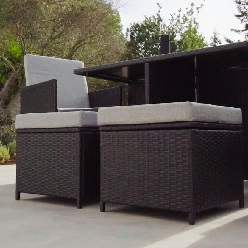 8 Seater Rattan Cube Outdoor Dining Set with Premium LED Grey Parasol - Black Weave Polywood Top - Laura James