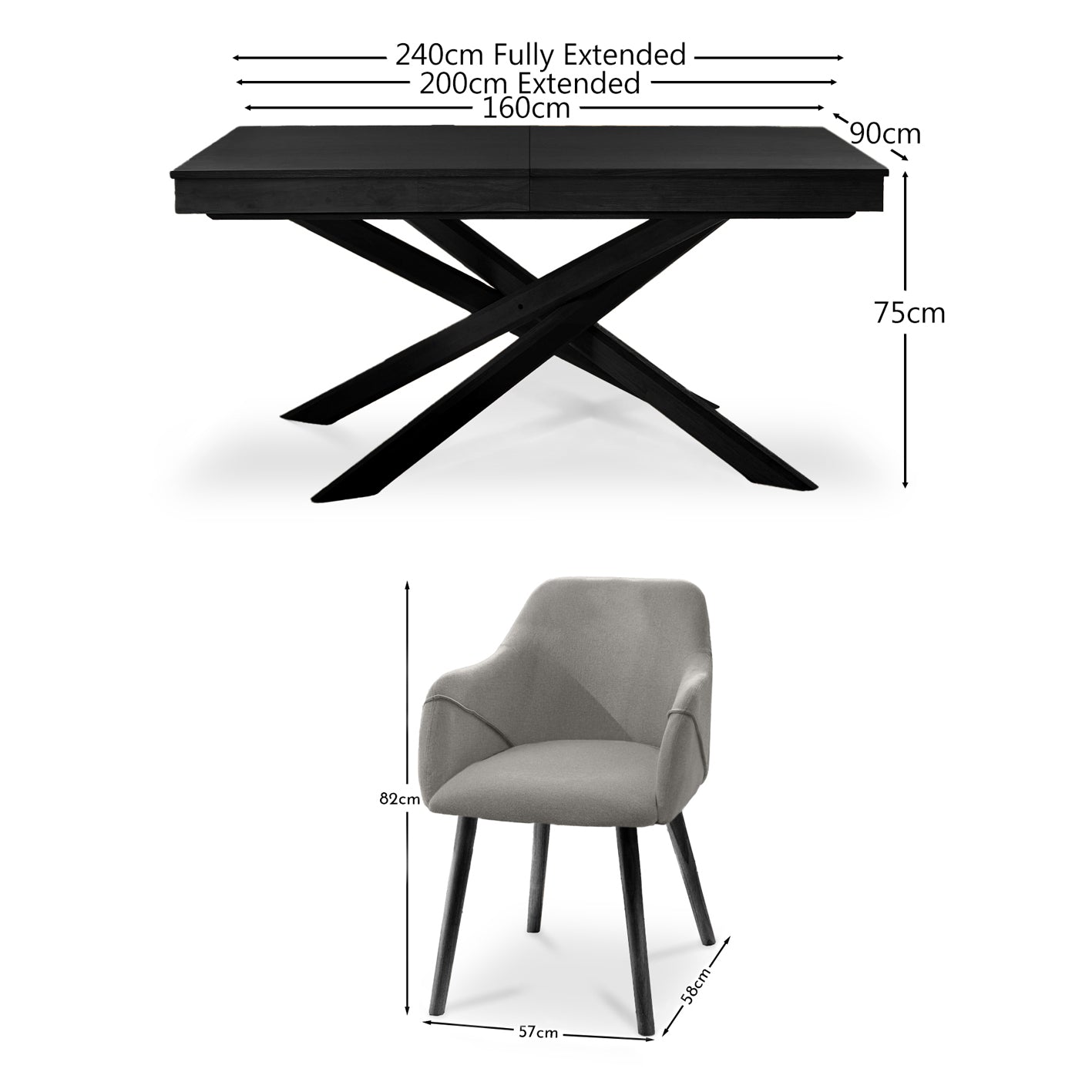 Amelia Black Extendable Dining Table Set - 6 Seater - Freya Fossil Carver Chairs with Black Legs - Laura James 