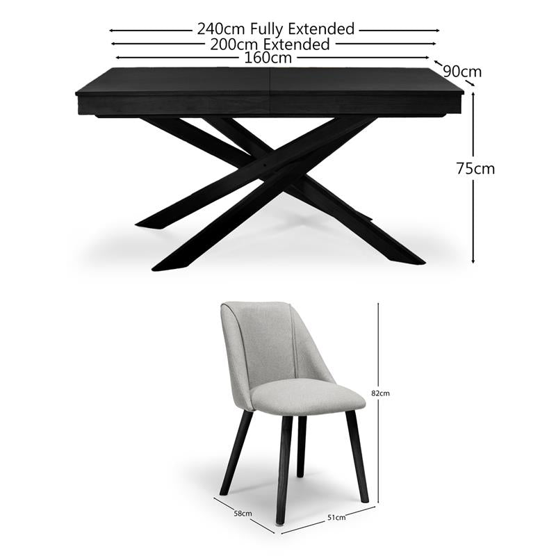 Amelia Black Extendable Dining Table Set - 6 Seater - Freya Fossil Dining Chairs with Black Legs - Laura james