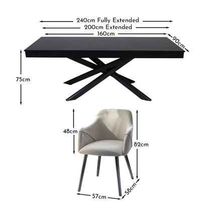 Amelia Black Extendable Dining Table Set - 6 Seater - Freya Sand Carver Chairs with Black Legs