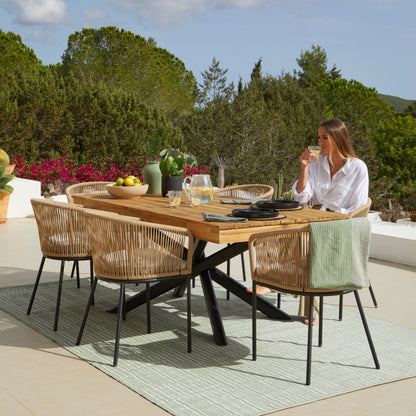 Amelia 6 Seater Natural Wood Black Legs Garden Dining Set - Hali Natural Chairs