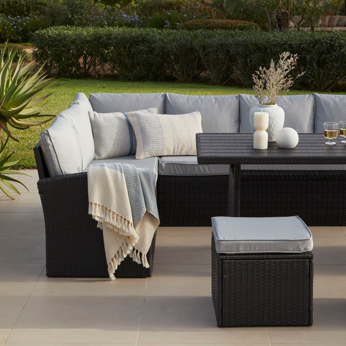 Aston 9 Seater Outdoor Sofa Dining Set with Polywood Table Top - Black - Laura James 