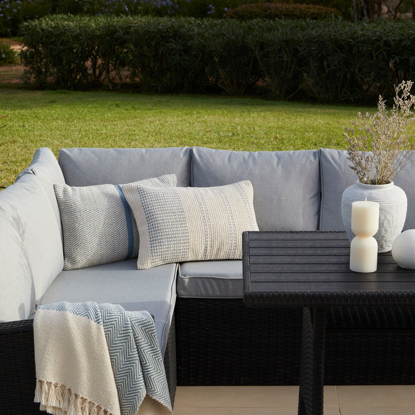 Aston 9 Seater Outdoor Sofa Dining Set with Polywood Table Top - Black - Laura James 