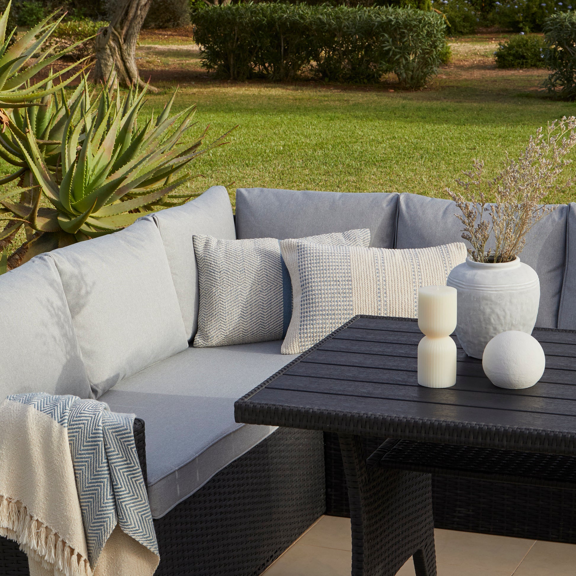 Aston 9 Seater Outdoor Sofa Dining Set with Polywood Table Top - Black - Laura James 