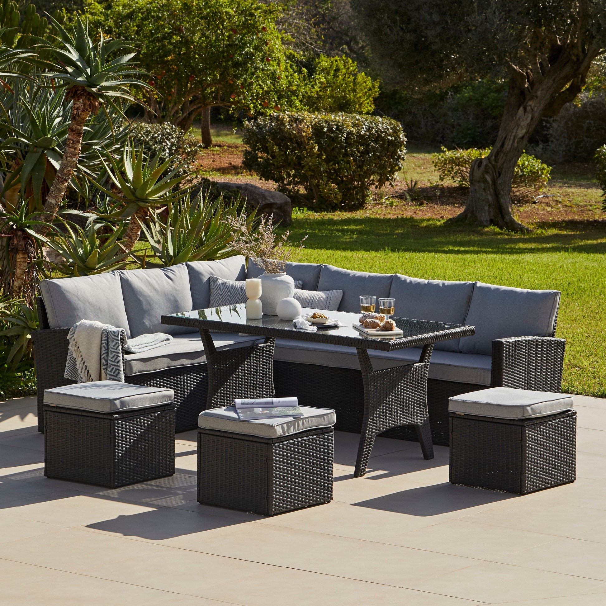 9 Seater Rattan Outdoor Corner Sofa Set - Black Weave - Laura James