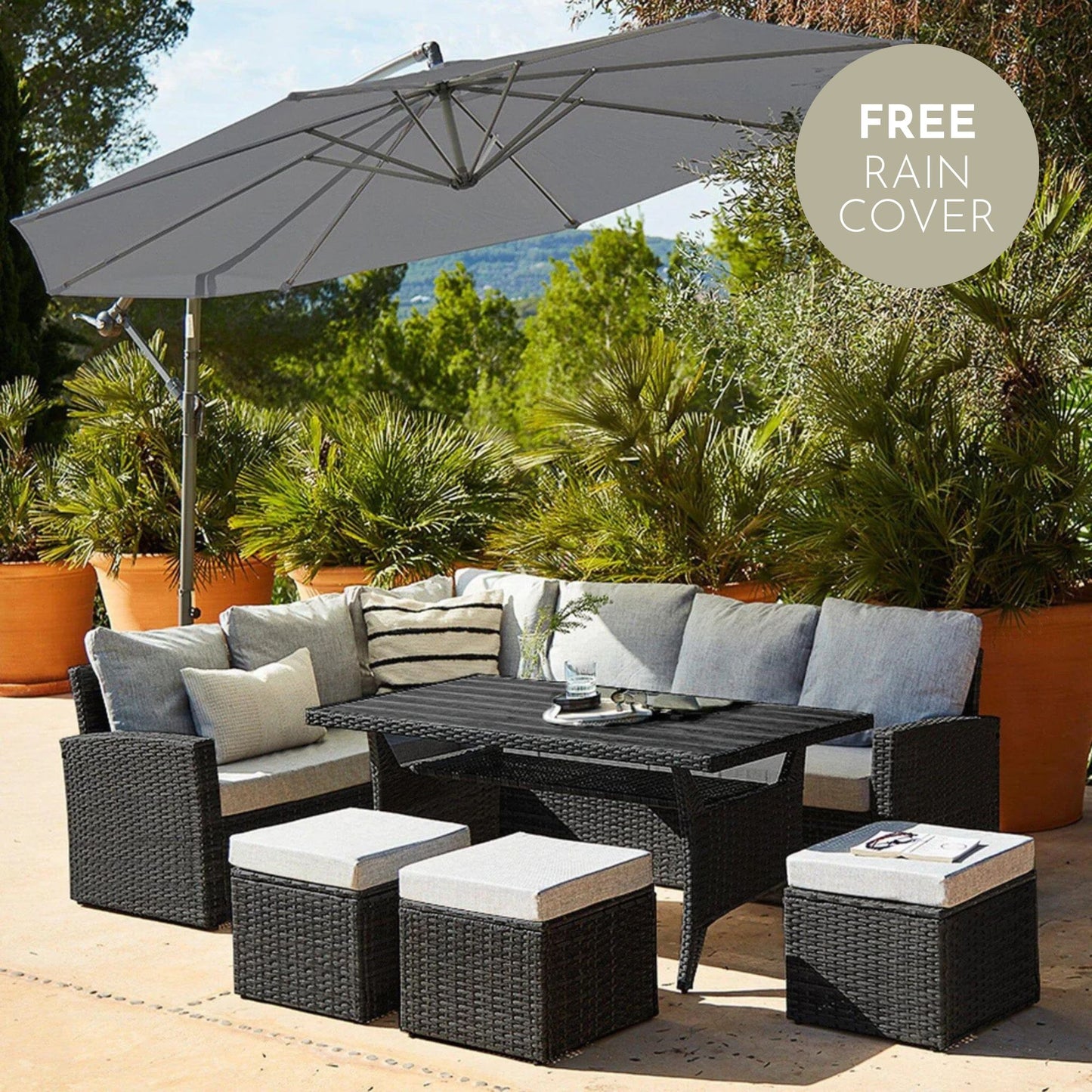 Aston 9 Seater Rattan Garden Corner Sofa Set with with Grey Lean Over Parasol - Polywood Top - Black