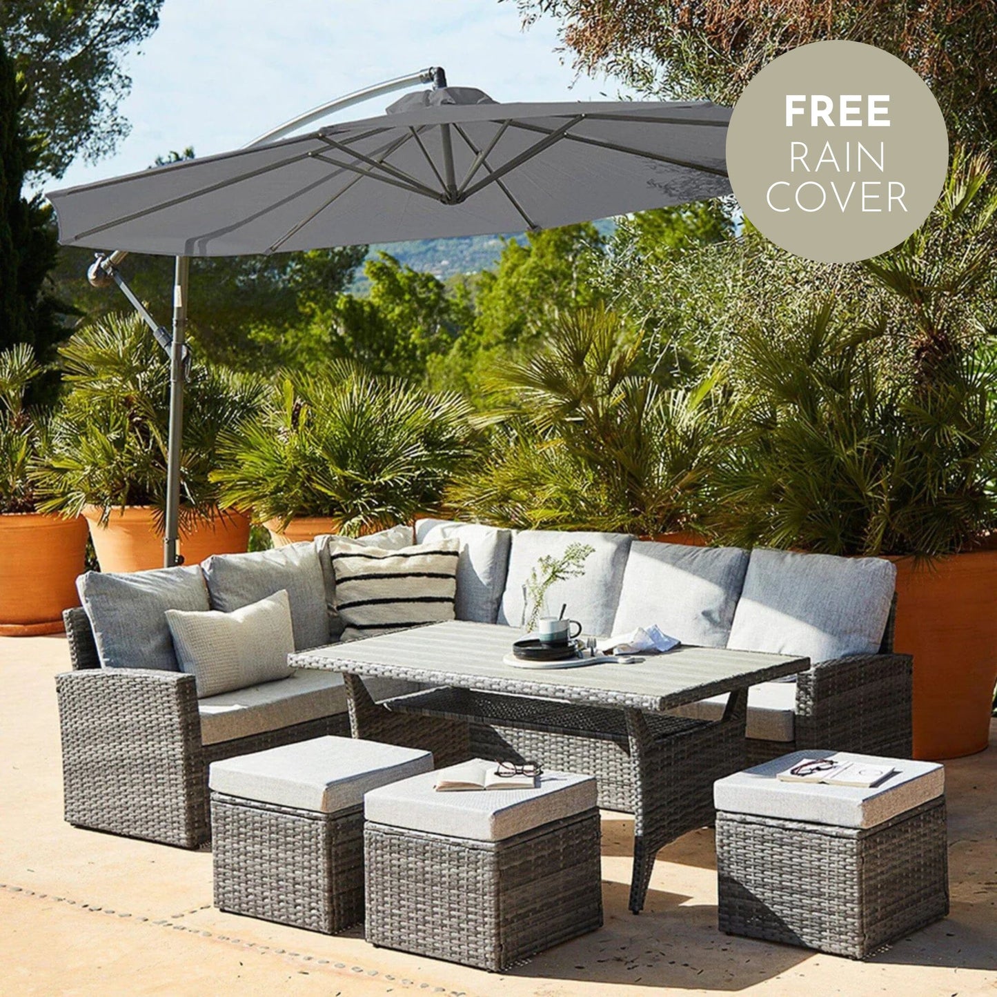 Aston 9 Seater Rattan Garden Corner Sofa Set with Grey Lean Over Parasol - Polywood Top - Grey