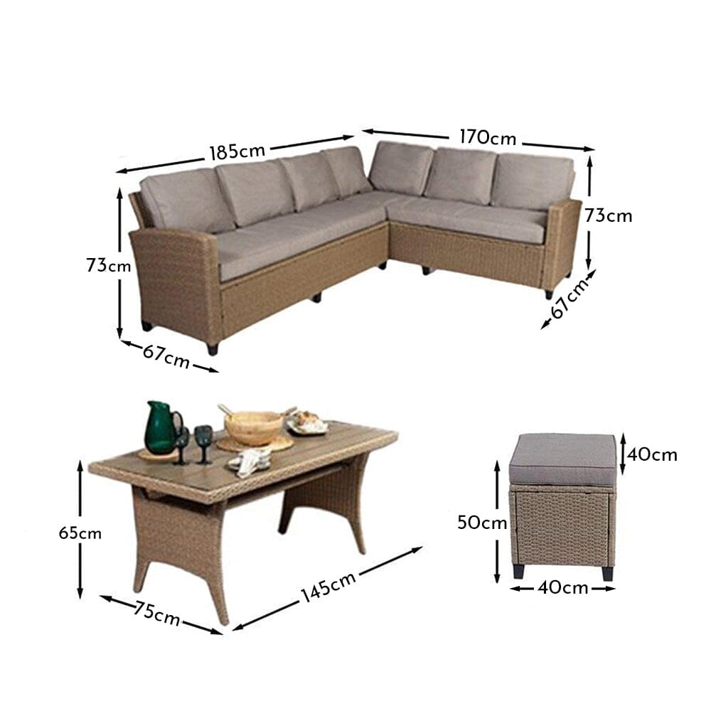 Aston 9 Seater Rattan Corner Sofa Set with Cream LED Premium Parasol & Polywood Table Top - Natural Brown