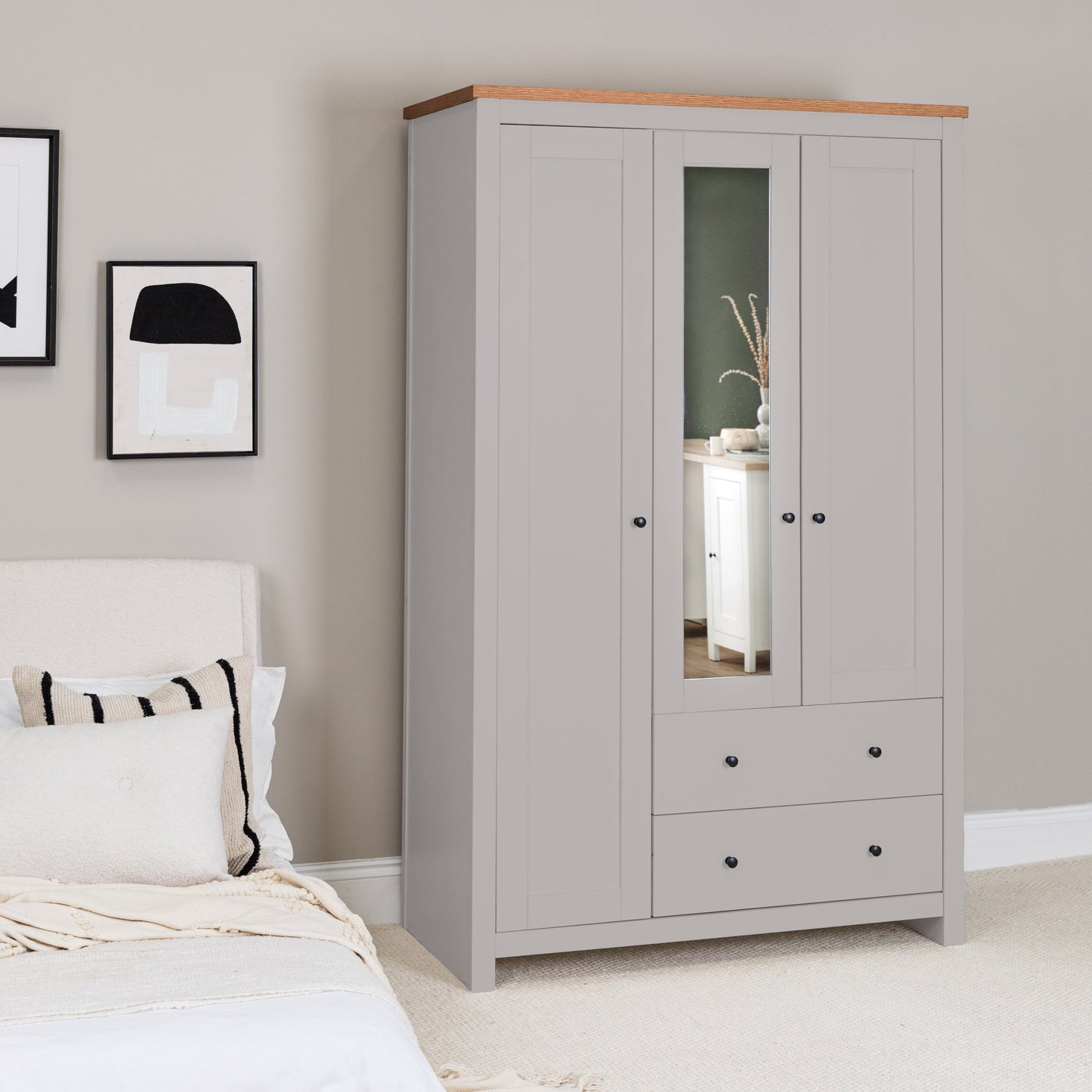 Bampton Triple Wardrobe with 2 Drawers - Stone Grey