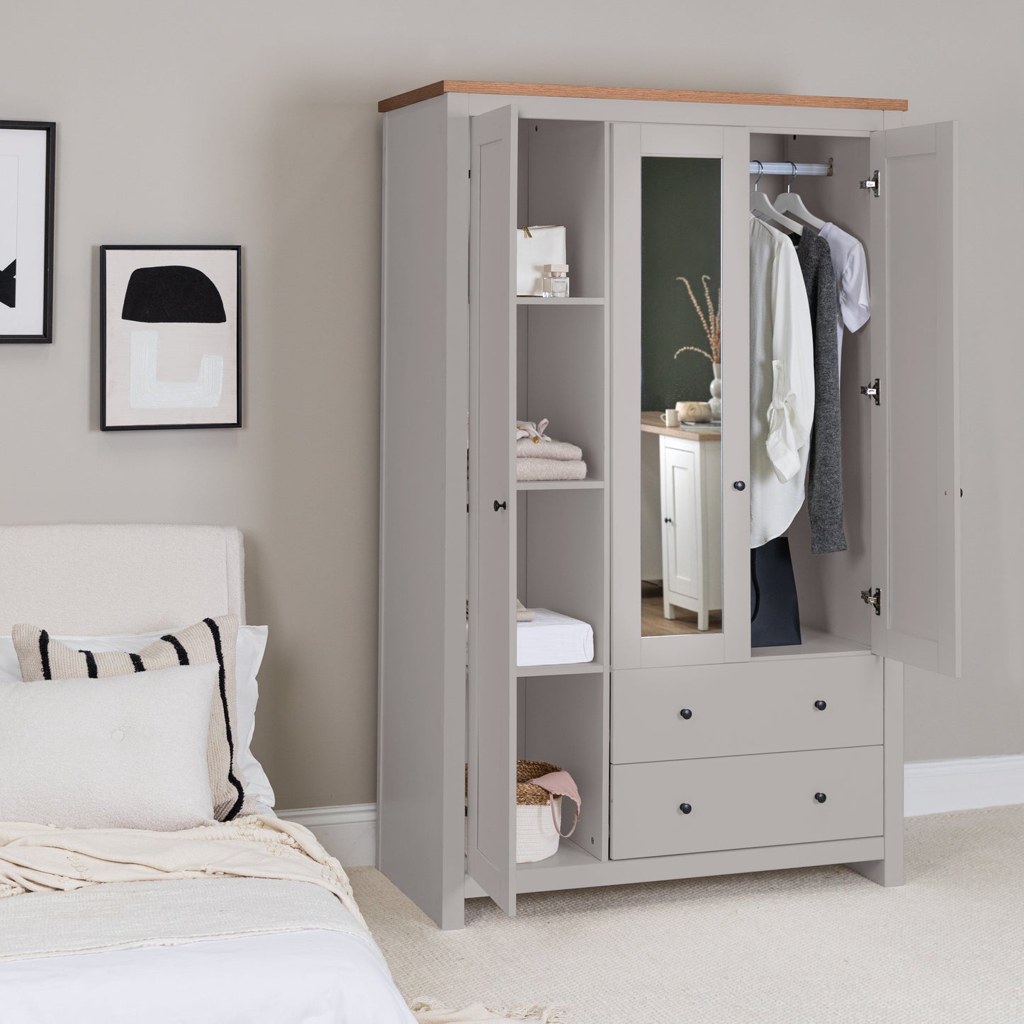 Bampton Triple Wardrobe with 2 Drawers - Stone Grey