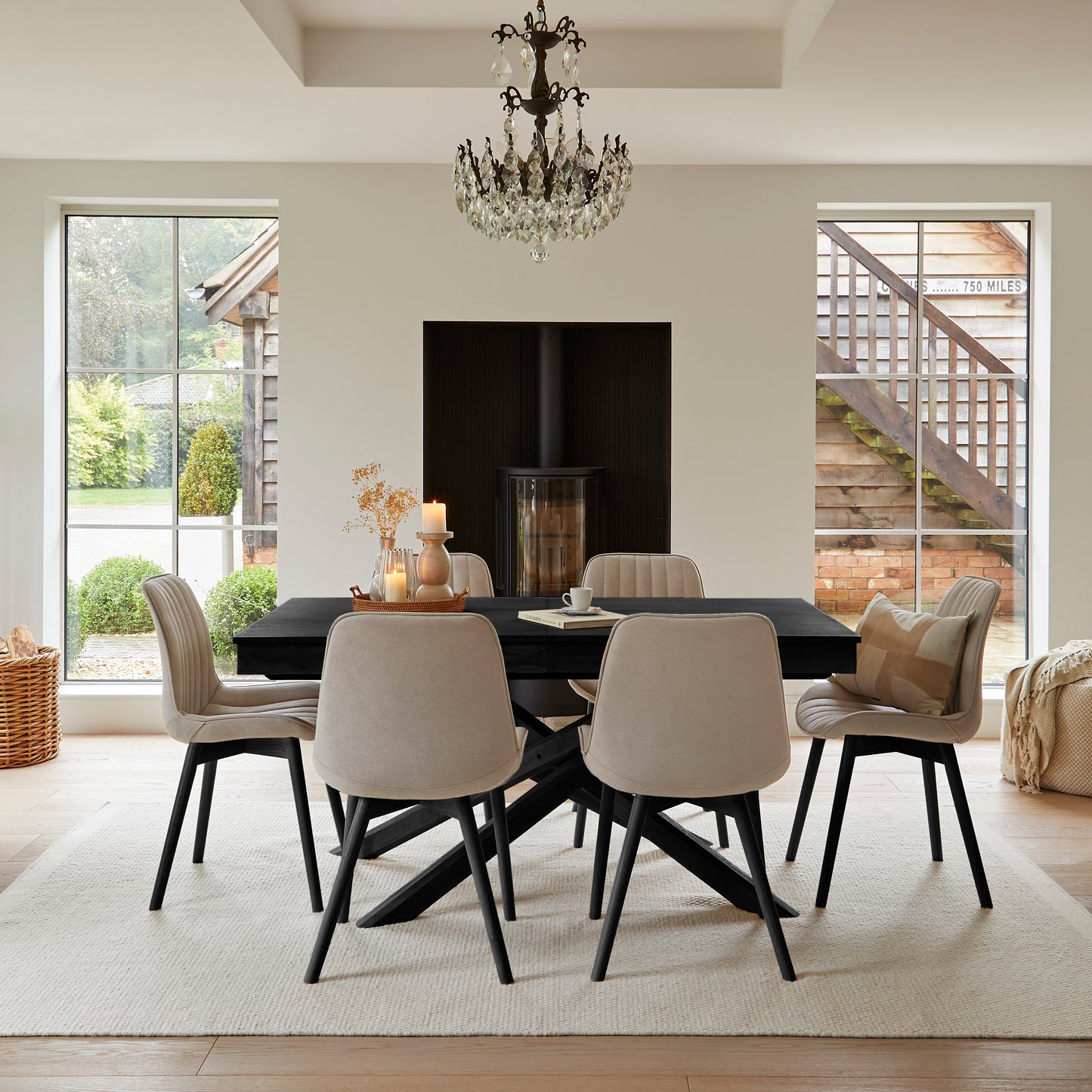 Amelia Black Extending Dining Table Set - 6 Seater - Bella Beige Dining Chairs - Black Legs