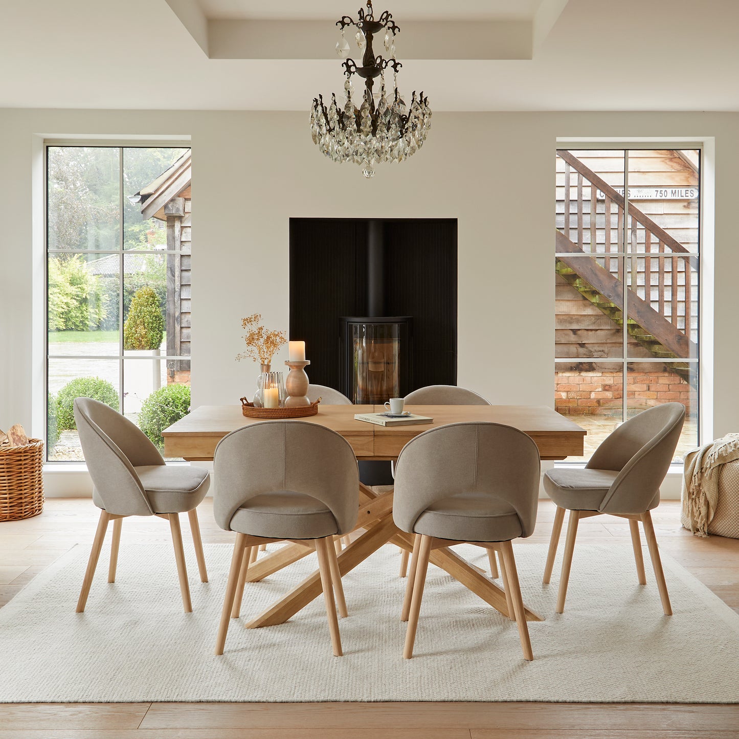 Amelia Whitewash Dining Table Set - 6 Seater - Marilyn Soft Beige Dining Chairs with Whitewash Legs