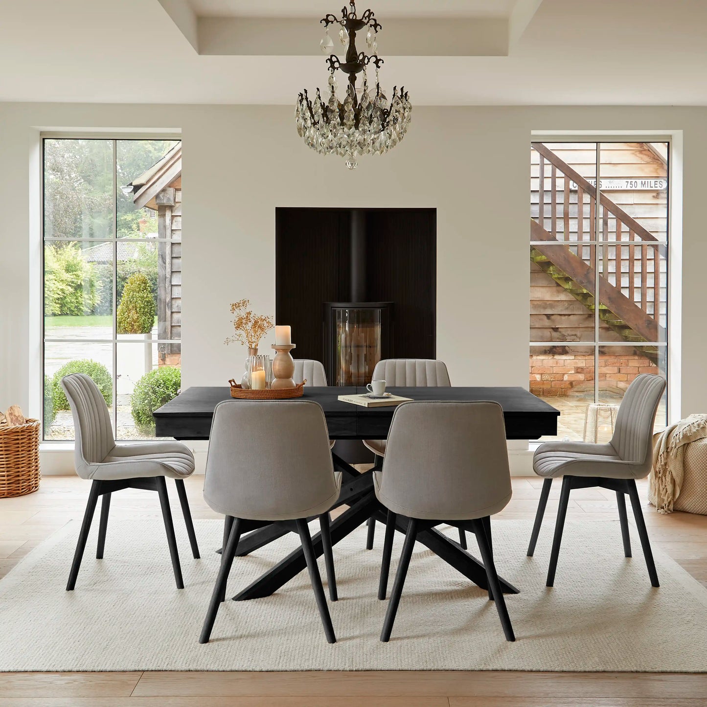 Amelia Black Extending Dining Table Set - 6 Seater - Bella Grey Dining Chairs - Black Legs