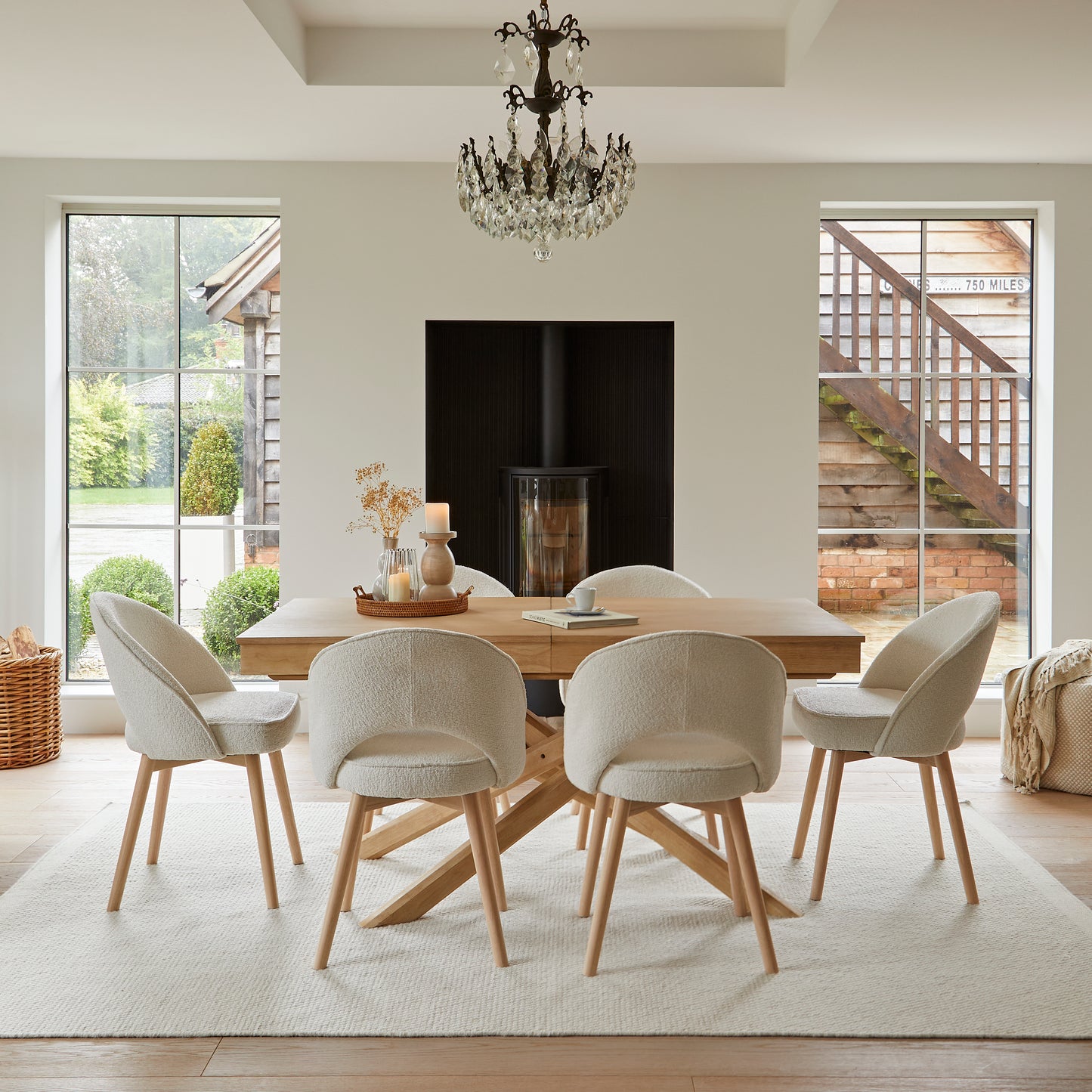 Amelia Whitewash Dining Table Set - 6 Seater - Marilyn Boucle Dining Chairs with Whitewash Legs