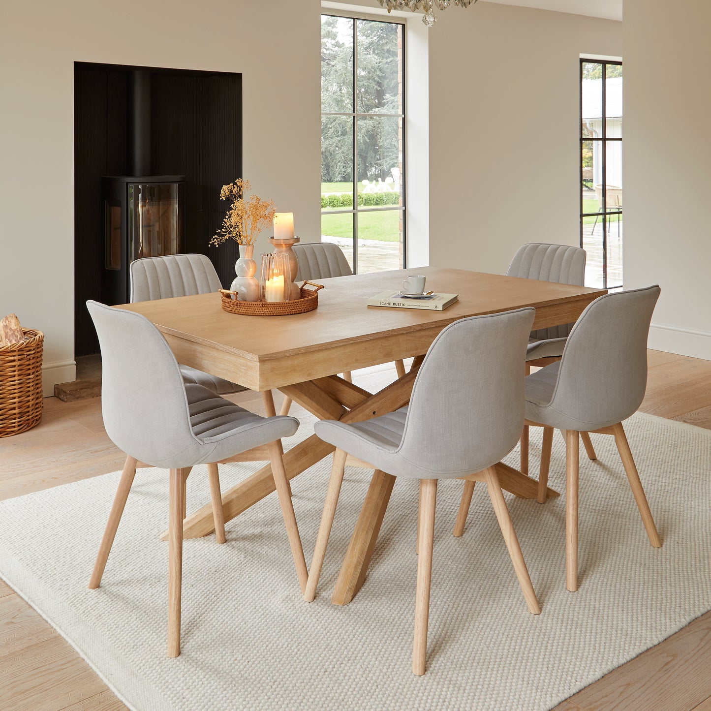 Amelia Whitewash Wooden Dining Table Set - 6 Cloud Grey Chairs - Laura James 