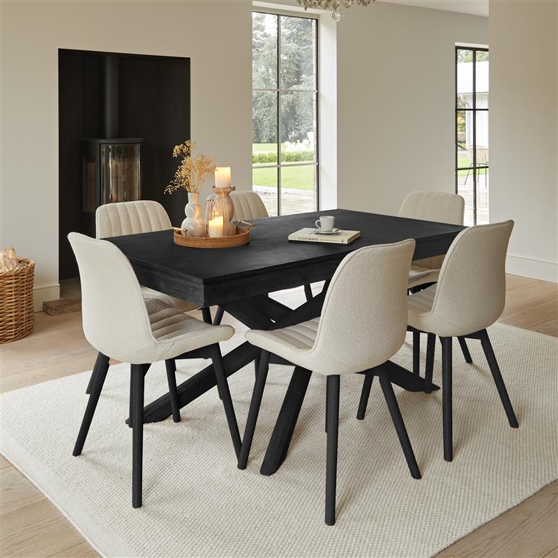 Amelia Black Extending Table with 6 Beige Boucle Dining Chairs - Laura James