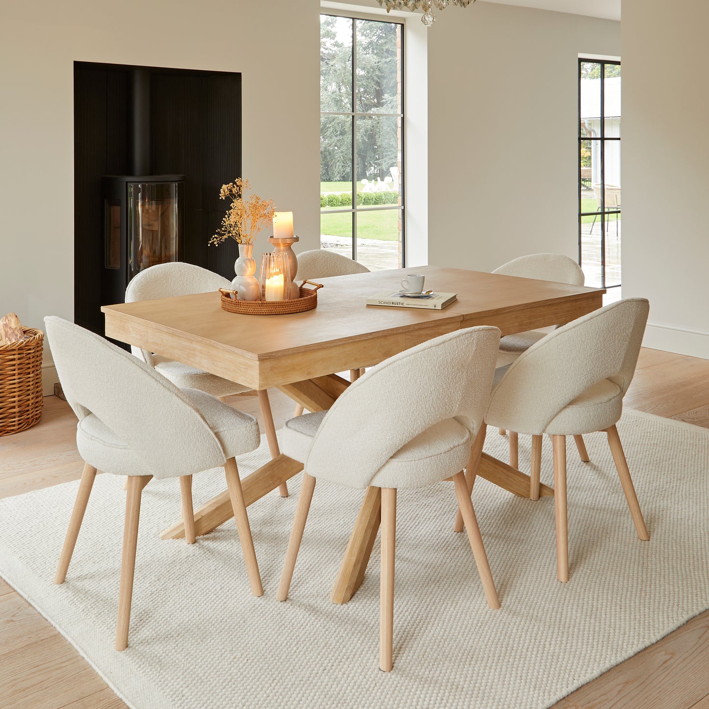 Amelia Whitewash Dining Table Set - 6 Seater - Marilyn Boucle Dining Chairs with Whitewash Legs