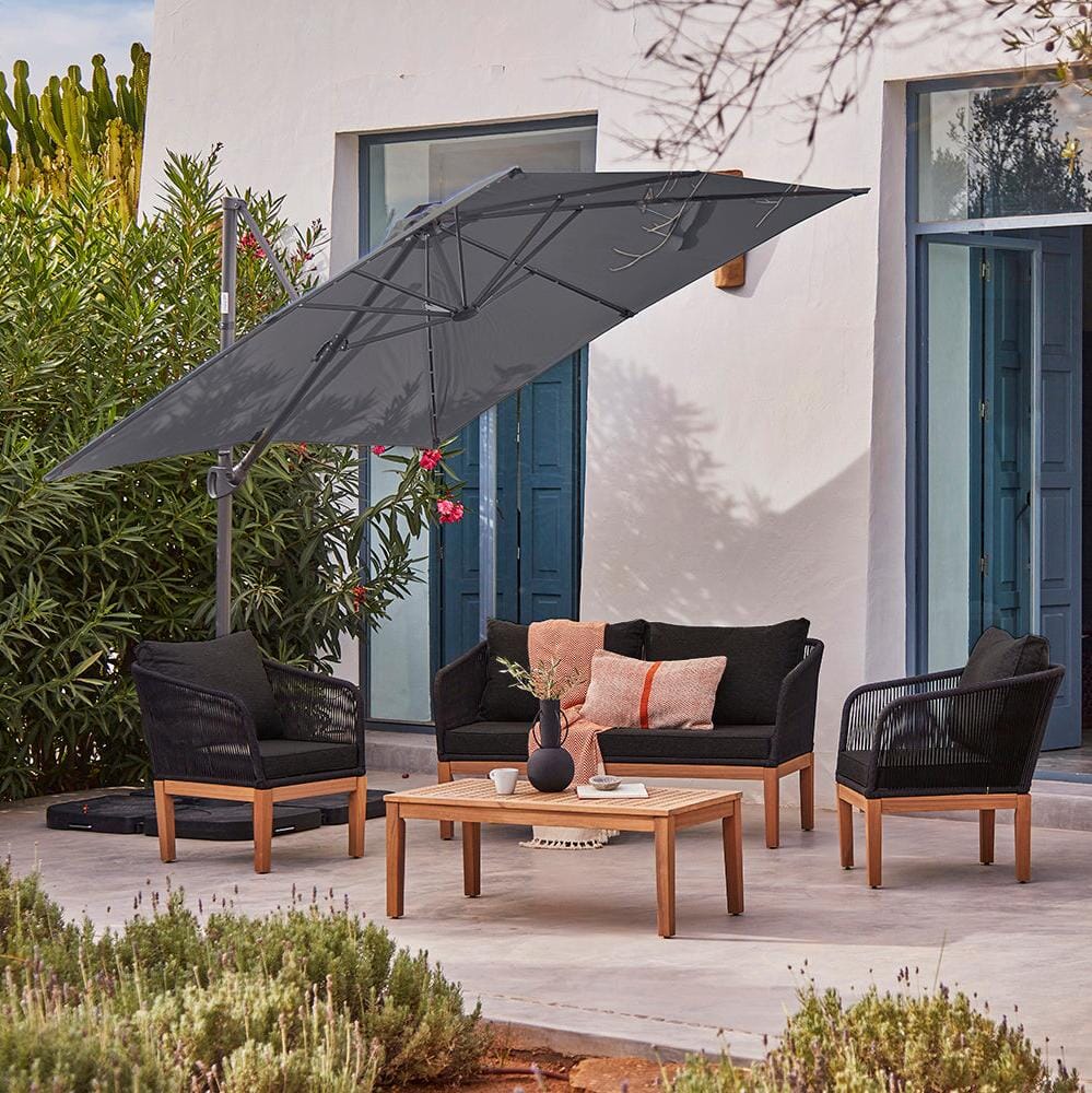 Eaden Rope Garden Conversation Set with Grey LED Premium Cantilever Parasol Black