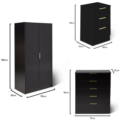 Essie 3 Piece Bedroom Set - 5 Chest of Drawers - Pitch Black