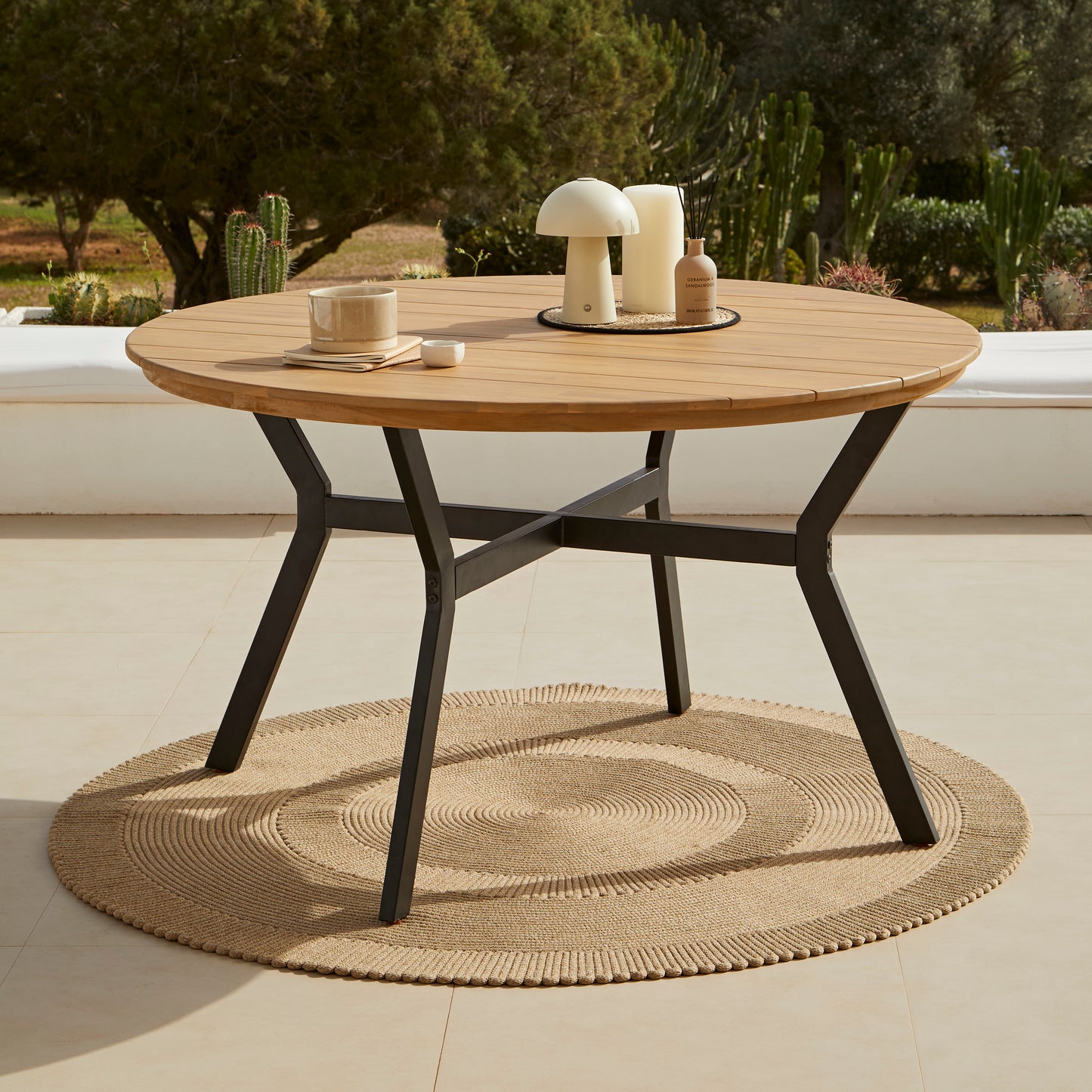 Ezra Round Wooden Garden Table - White Acacia with Black Metal Legs