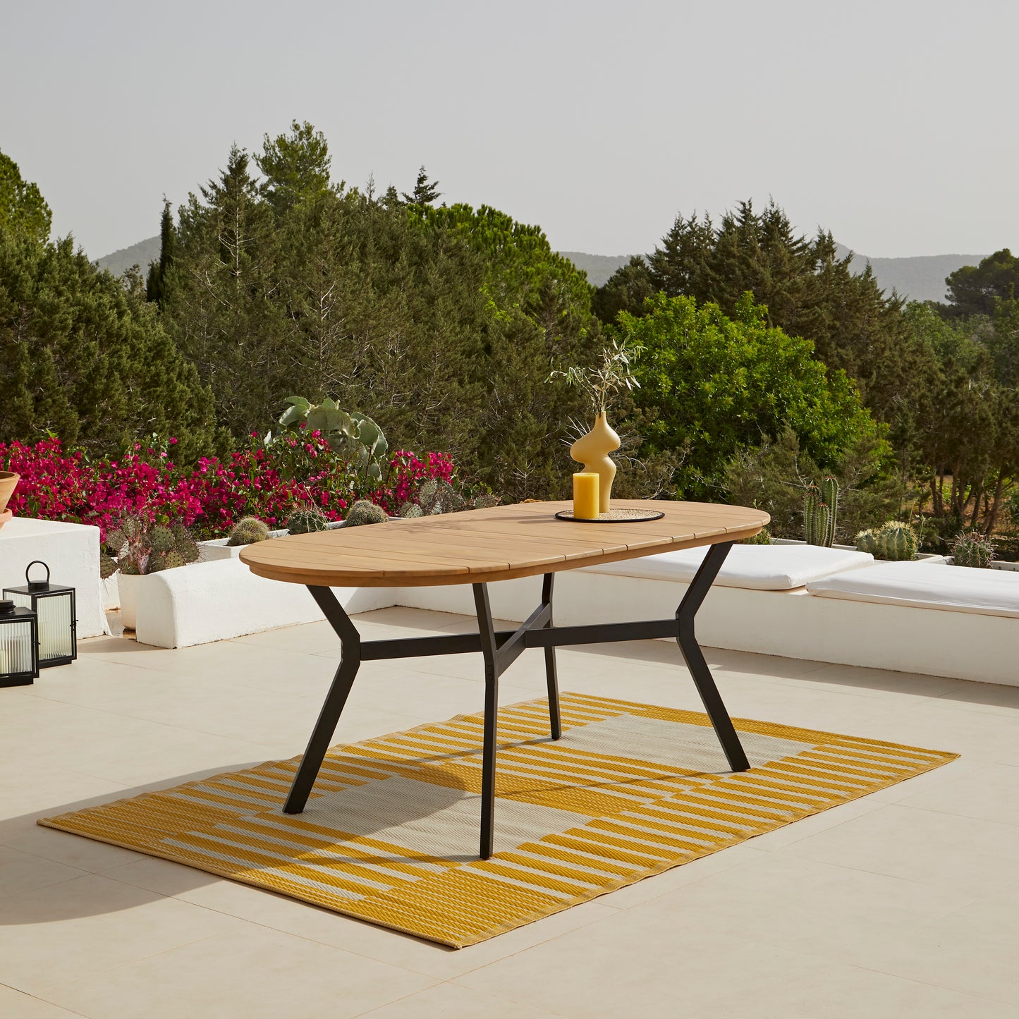 Ezra Oval Wooden Garden Table - White Acacia with Black Metal Legs