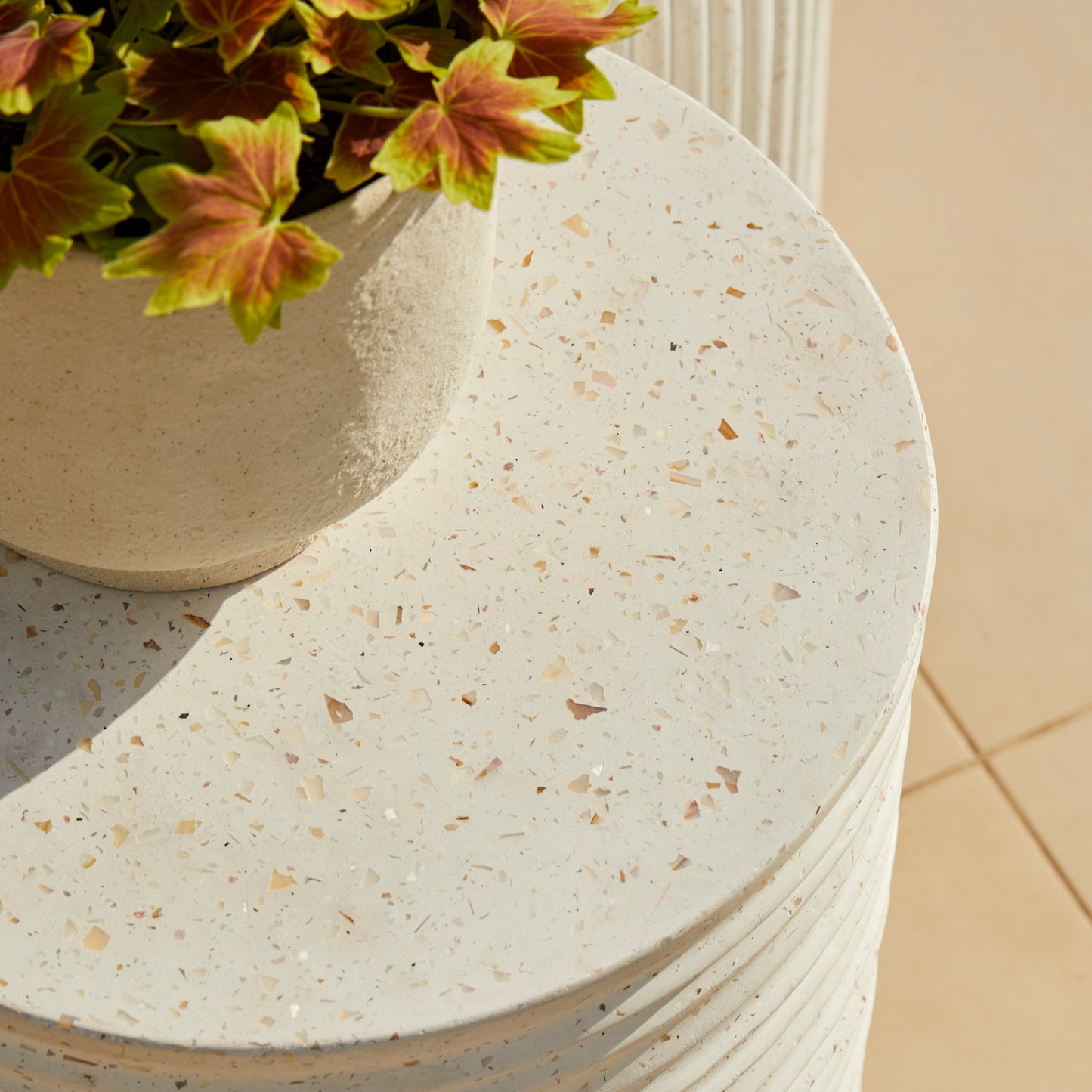 Carlotta Round Concrete Garden Side Table - Pearl Terrazzo