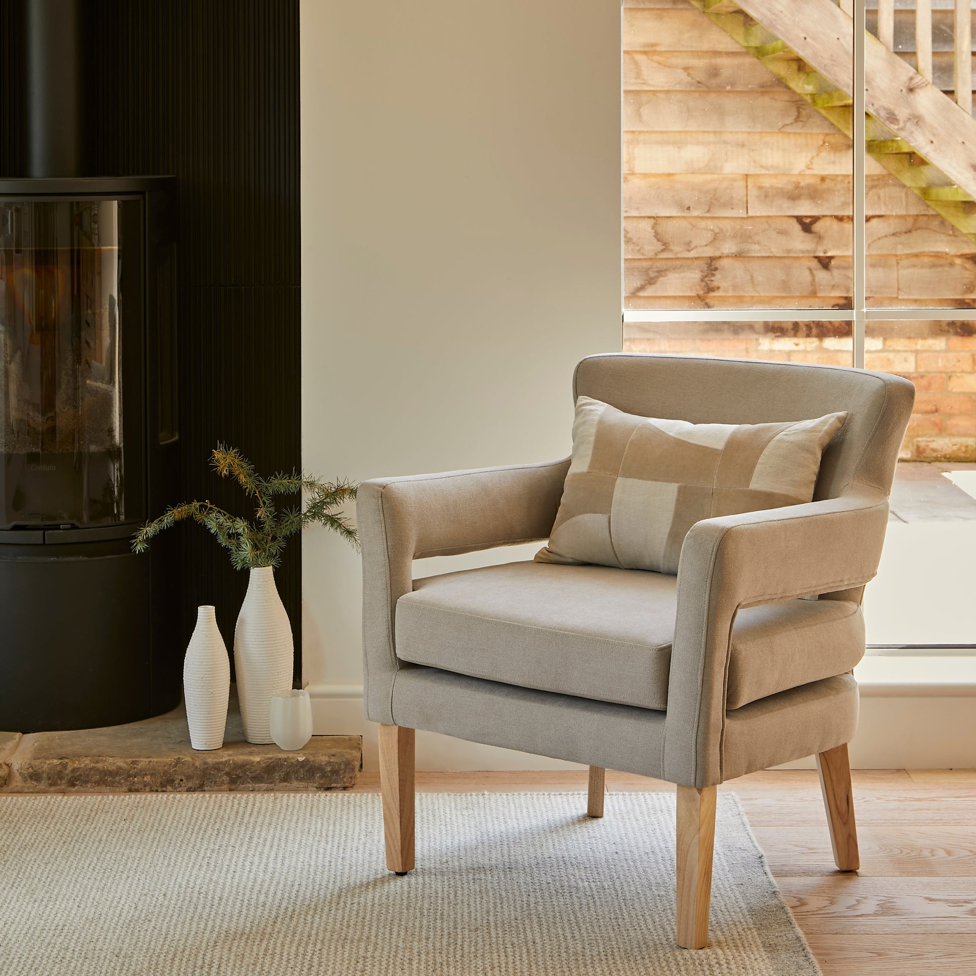 Grace Beige Occasional Chair with Whitewash Oak Legs - Laura James