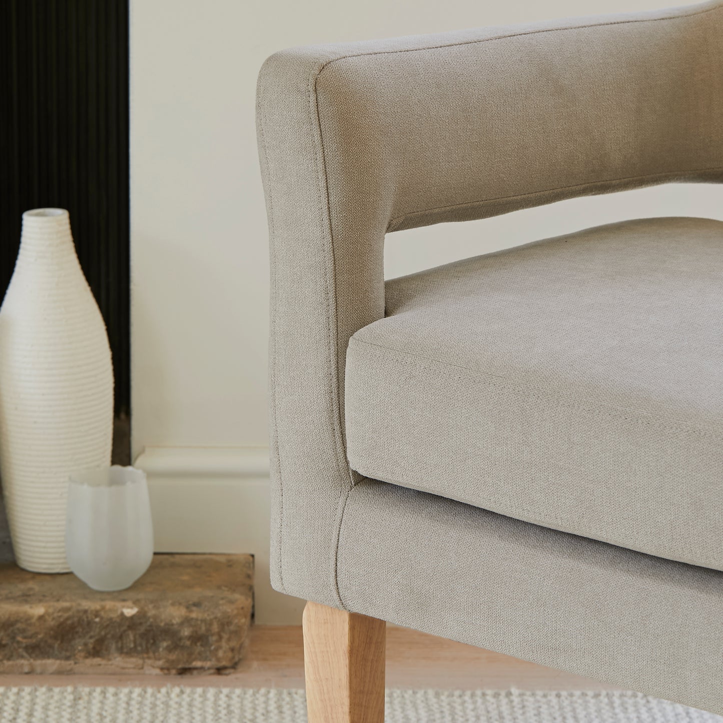 Grace Occasional Armchair - Soft Beige with Whitewash Oak Legs