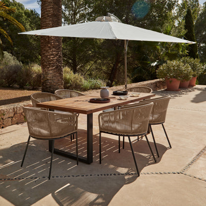 Hali 6 Seater Wooden Outdoor Dining Set with Hali Natural Chairs & Cream Lean Over Parasol- 175cm