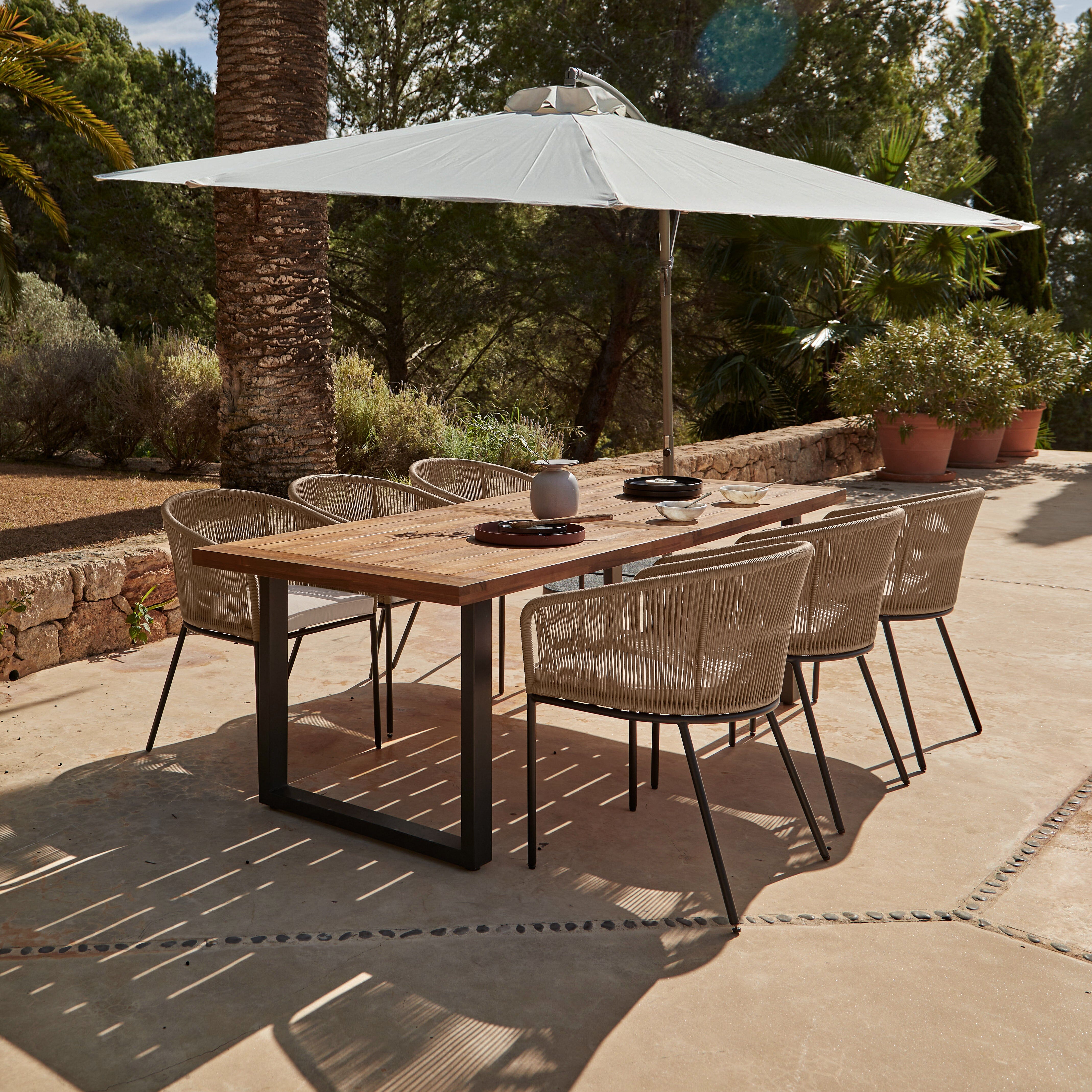 Hali 6 Seater Wooden Outdoor Dining Set with Hali Natural Chairs Cream Lean Over Parasol 235cm