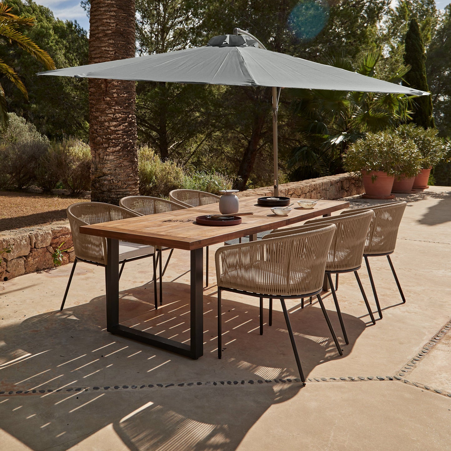 Hali 6 Seater Wooden Outdoor Dining Set with Hali Natural Chairs & Grey Lean Over Parasol - 235cm